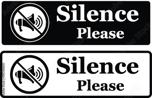 Silence Please Sign:Black Quiet Zone Notice with No Noise Symbol