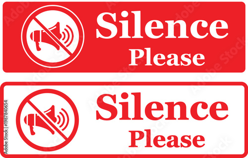 Silence Please Red Warning Sign: No Noise Symbol and Quiet Zone Vector Illustration for Public Spaces