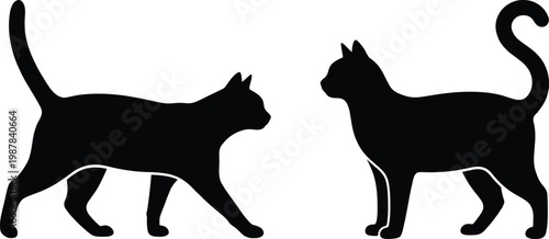 Flat vector illustration of two cat silhouettes facing each other, feline posture comparison, domestic pet body language, isolated animal design