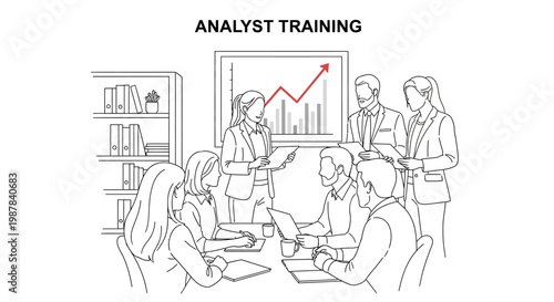 Business meeting with analyst training, presentation and growth chart