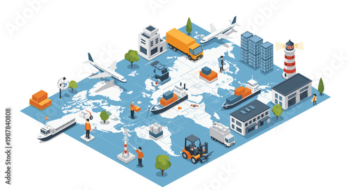 Global logistics and shipping isometric world map with planes, ships, trucks, warehouses, and delivery personnel.