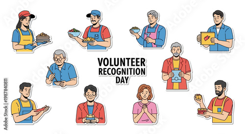 Illustrations promote volunteer appreciation day, showing people of different ages and ethnicities engaged in community service, offering support and humanitarian aid