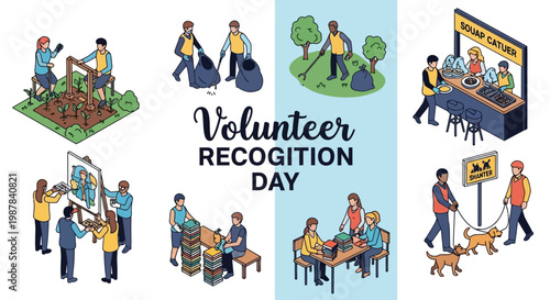 Recognizing the importance of giving back on Volunteer Recognition Day, this vector illustration features people engaged in community service activities such as gardening, cleaning