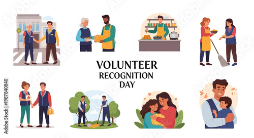 Celebrating volunteer recognition day, this vector illustration shows people helping in various community service roles such as assisting the elderly, providing meals, cleaning, gardening