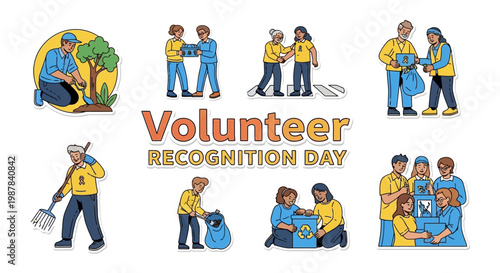 An illustration of Volunteer Recognition Day depicts a social support illustration with people planting trees, picking up trash, donating items, and cleaning streets, representing community