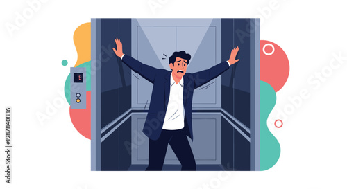 Stressed businessman in a suit looks terrified as he tries to pry open the doors of a stuck elevator.