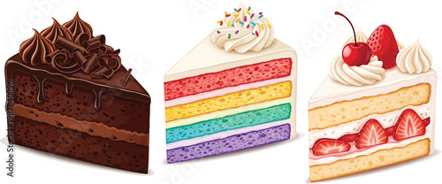 Chocolate, Rainbow, and Strawberry Cake Slices Isolated on White Background
