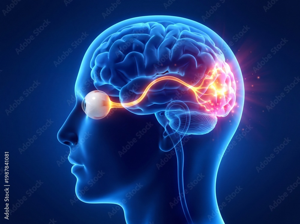 Obraz premium Brain with glowing neurons and optic nerve connecting to eye