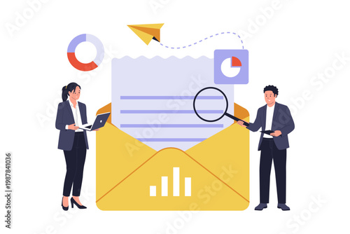 Illustration of Email Open Rate Analysis and Data Research. Analysts using a magnifying glass to research email open rates and performance statistics for a marketing report