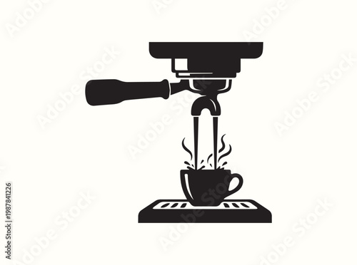 Minimal black icon of an espresso portafilter locked in place with straight streams of coffee pouring into a demitasse cup for clean cafe menu design