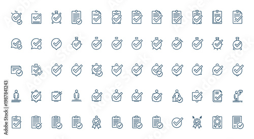 Extensive collection of checkmark and task completion icons integrated with documents, shields, timers, and human silhouettes.