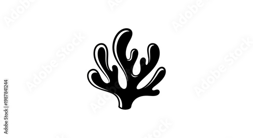 Abstract Black Coral Silhouette on White Background, Marine Life Icon