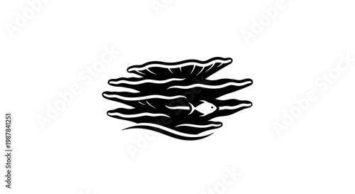 Black and white silhouette of a small fish swimming through coral reef on white background.