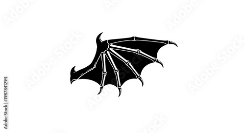 Black Bat Wing Silhouette, Gothic Fantasy Creature Element, Isolated on White