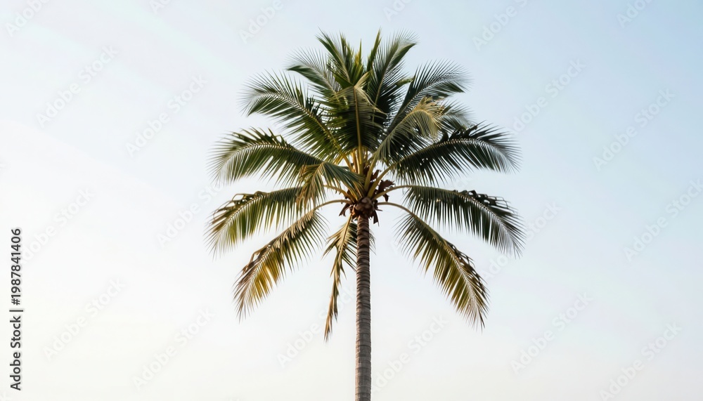 Fototapeta premium Tall palm tree isolated against clear blue sky with bright sunlight and green fronds