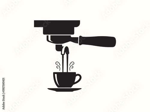 Solid black silhouette of a portafilter locked into an espresso machine for professional coffee brewing and extraction process demonstration in barista training guides