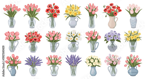 Comprehensive collection of diverse flower bouquets in various glass, ceramic, and patterned vases on a white background.