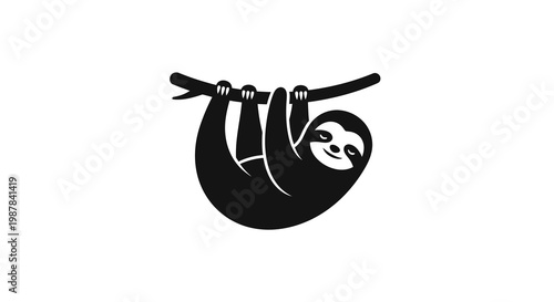 Cute Sloth Hanging on Tree Branch, Simple Black and White Icon Style