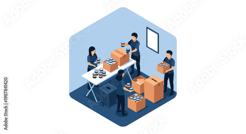 Dedicated volunteers in dark blue uniforms work efficiently around a white table to pack numerous silver cans into cardboard boxes for a charity donation.