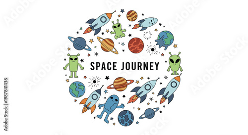 Circular space journey composition featuring rockets, planets, aliens, stars, and galaxies with central typography.