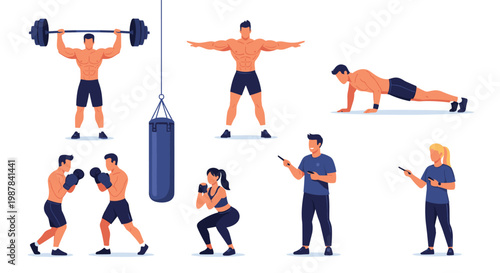 Diverse athletes and fitness trainers performing exercises like weightlifting, boxing, and yoga in a modern gym setting.