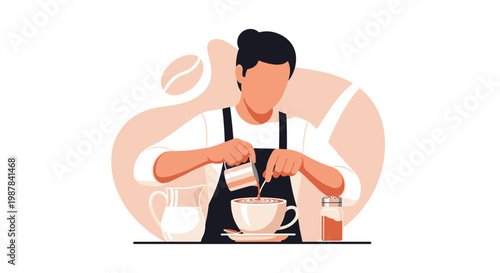 A professional male barista with a neat bun hairstyle wearing a black apron carefully pours steamed milk to create intricate latte art in a cup.
