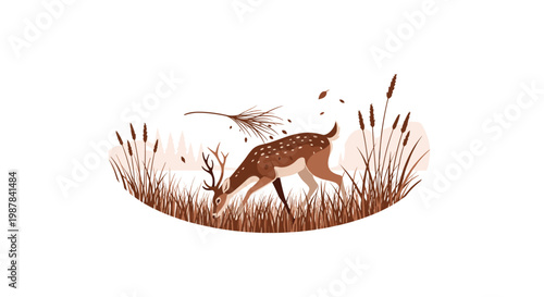 A graceful brown spotted deer grazes peacefully among tall brown reeds and wild grass in a serene minimalist landscape featuring soft distant forest trees.