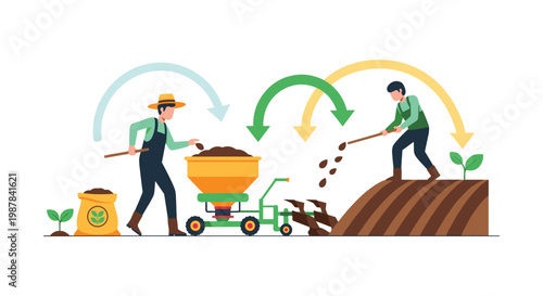 Two dedicated farmers wearing protective overalls and hats work together using a yellow seed drill and shovels to plant seeds in rich brown soil.
