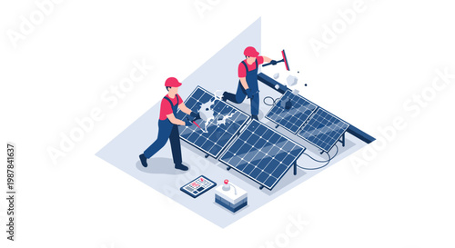 Meticulous technicians wearing red safety caps and blue work uniforms install large blue photovoltaic solar panels on a pristine white surface using specialized hand tools.