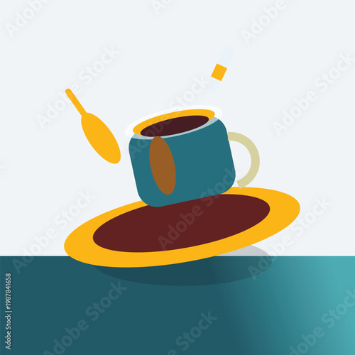 Spilling coffee accident with tipped over cup and saucer, flat vector illustration