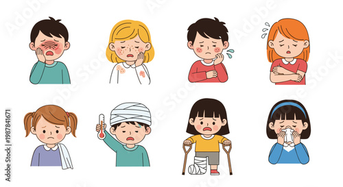 Cartoon illustrations of children experiencing different health issues like fever, injury, allergies, and common cold symptoms.