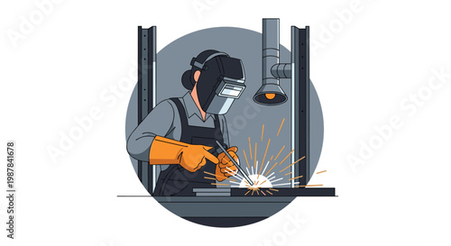 Meticulous industrial illustration depicts a professional welder in a protective helmet and gloves carefully joining metal components with bright sparks.