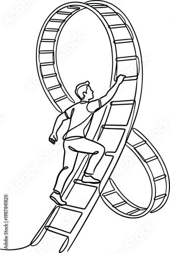 Businessman climbing ladder infinity loop success concept line art ambition growth career progress outline vector illustration motivation achievement design