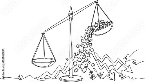 Economic imbalance concept falling currency finance crisis scale imbalance money loss inflation decline market outline vector illustration design
