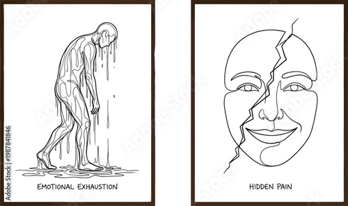 Emotional exhaustion hidden pain mental health concept line art burnout depression mask sadness outline vector illustration design