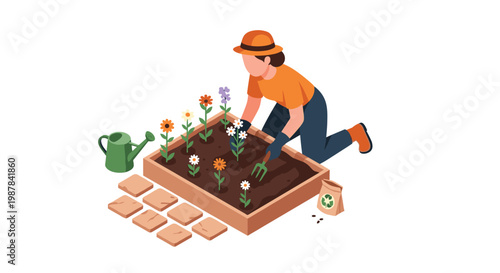 A dedicated female gardener wearing an orange hat and shirt kneels to carefully plant colorful flowers in a raised wooden garden bed using hand tools.