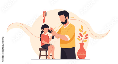 A caring father with a dark beard stands behind his young daughter to carefully braid her long black hair in a cozy and warm domestic living environment.