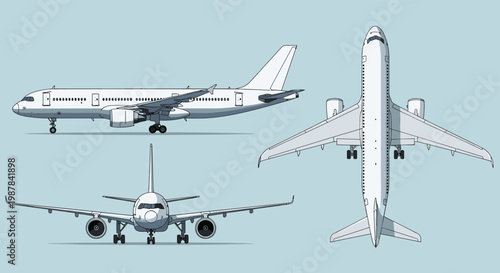 Technical orthographic projections of a commercial jet airplane shown from side, front, and top perspectives on a blue background.