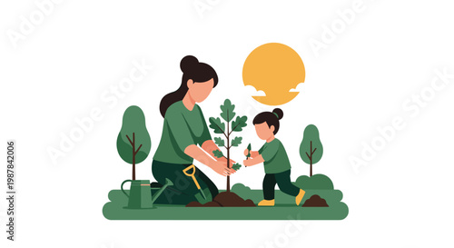 A dedicated mother and her young daughter work together to plant a small green sapling in a lush field under a warm glowing yellow sun in the grass.