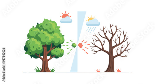 A vibrant green tree flourishing under a bright sun stands in stark contrast to a withered leafless tree enduring rain in a split environmental scene.