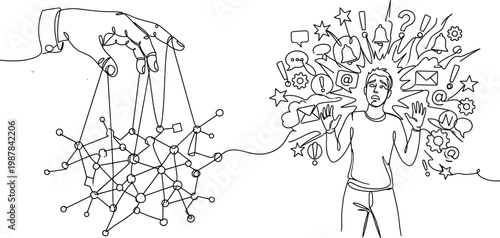 Social media manipulation concept controlling network mind stress anxiety digital overload line art human influence vector illustration design