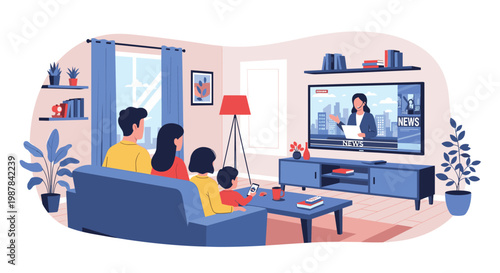 Family of four sitting on a blue sofa in their living room watching a television news broadcast about current global events.