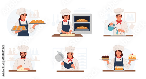 Series of professional bakery characters performing various tasks like kneading dough, baking bread, and decorating fancy cakes.