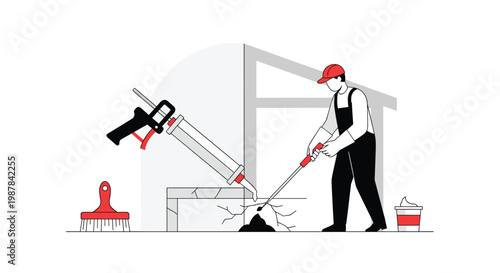 A professional construction worker in a red cap meticulously repairs a cracked concrete foundation using a large industrial sealant gun in a minimalist setting.