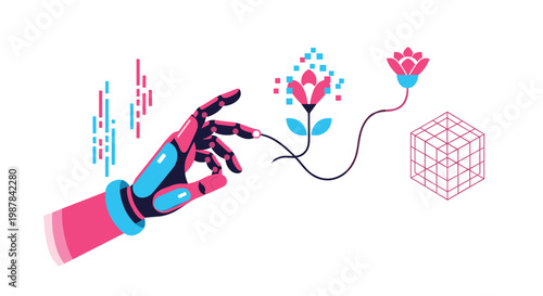 A sleek pink and blue robotic hand reaches out to touch a delicate digital flower that dissolves into vibrant blue data pixels against a clean white background.