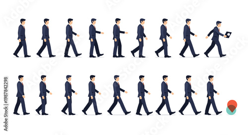 Sequence of animation frames showing a businessman in a blue suit walking from left to right in a smooth, continuous motion.