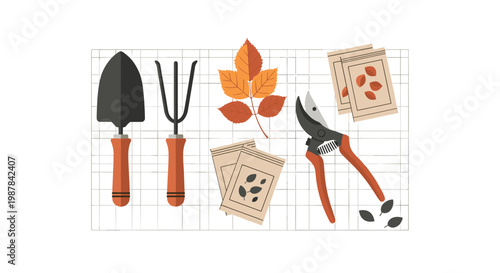 A meticulously organized collection of essential gardening tools like a trowel and shears sits alongside seed packets and vibrant orange fall leaves.
