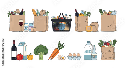 Collection of paper shopping bags filled with groceries along with individual items like milk, eggs, broccoli, and red wine.