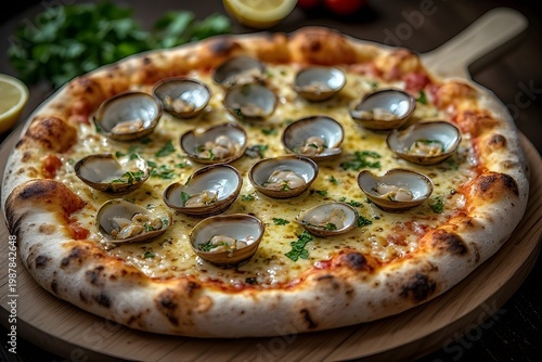baked new haven style white clam pizza on a wooden pizza peel