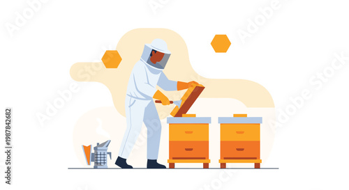A professional beekeeper wearing a full white protective suit carefully inspects a wooden honeycomb frame beside vibrant yellow hives in a sunny meadow.